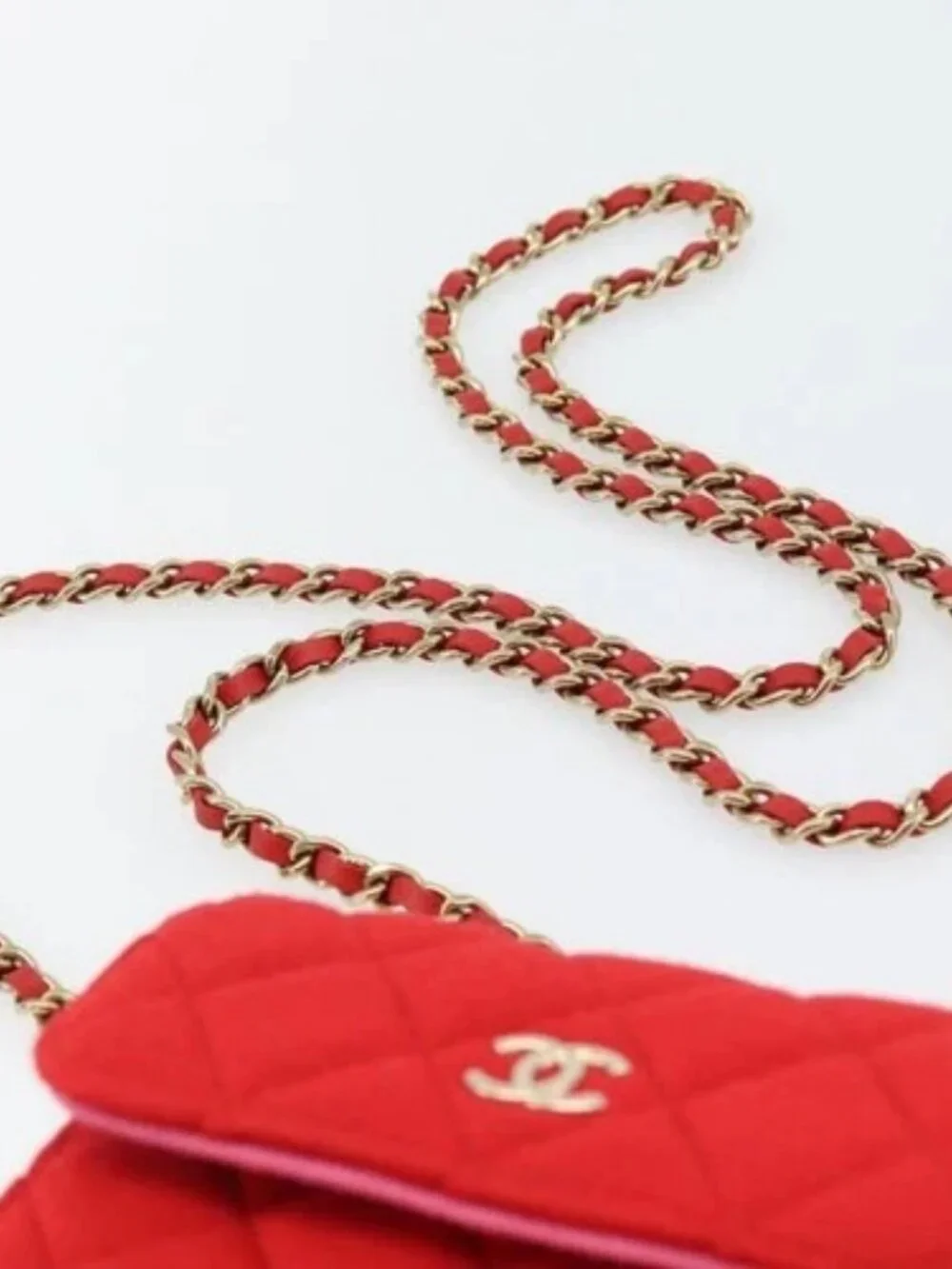 CHANEL Chain Mini Matelasse 12 Shoulder Bag Cotton Red Gold CC Auth 182786SM